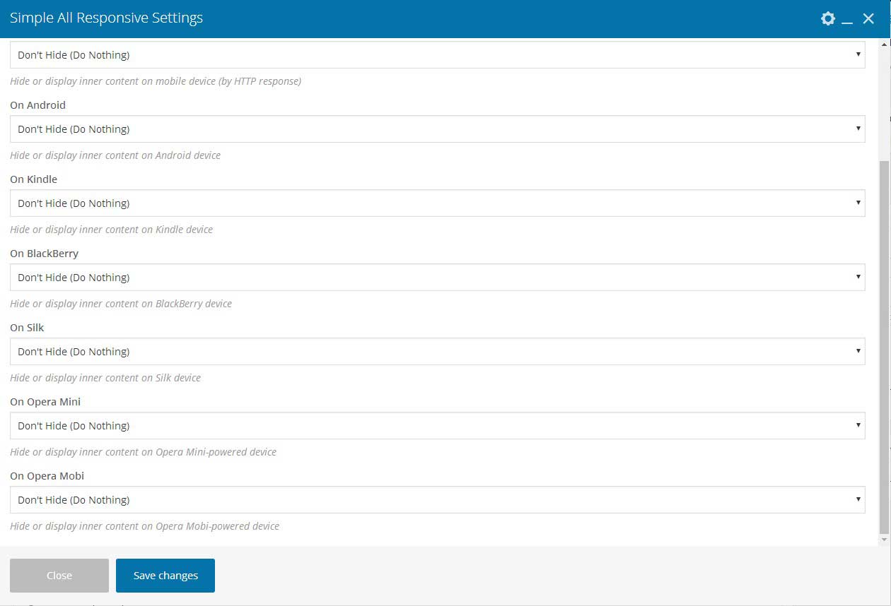 Settings screen (bottom part)