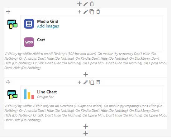Usage example: Media grid and Woo cart are displayed only on screens below 1024 pixels, and Line Chart only on desktop screens of 1024 pixels or more