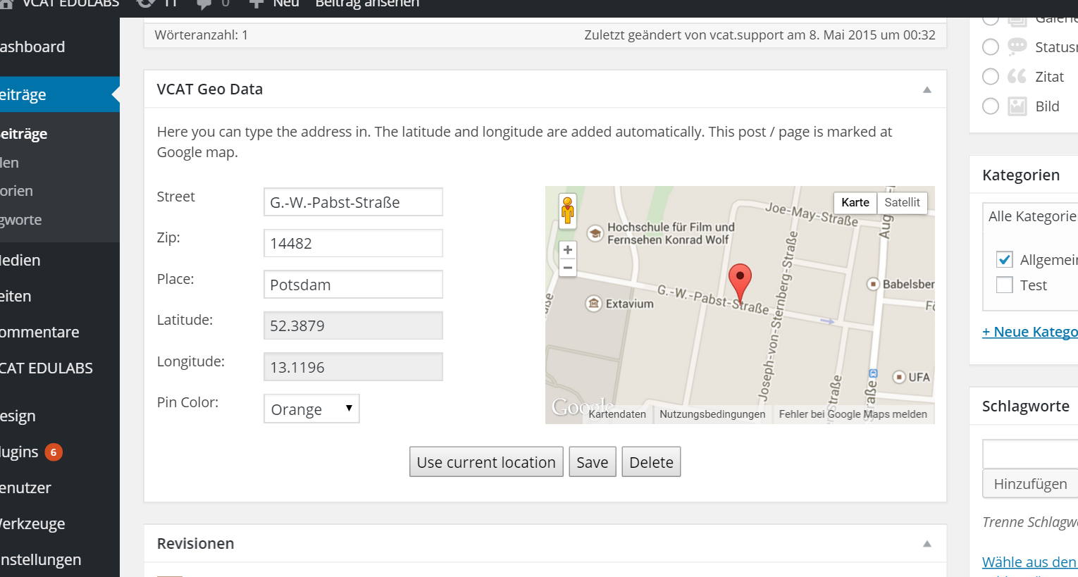 An additional panel to edit the Geo-Data can be found on posts and pages editing page.