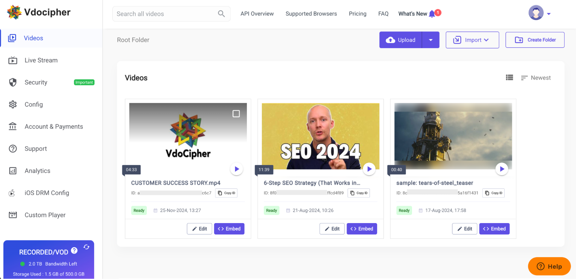 Video section on your VdoCipher dashboard