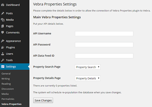 Settings screen.  Enter the API details and select the property list and details pages.