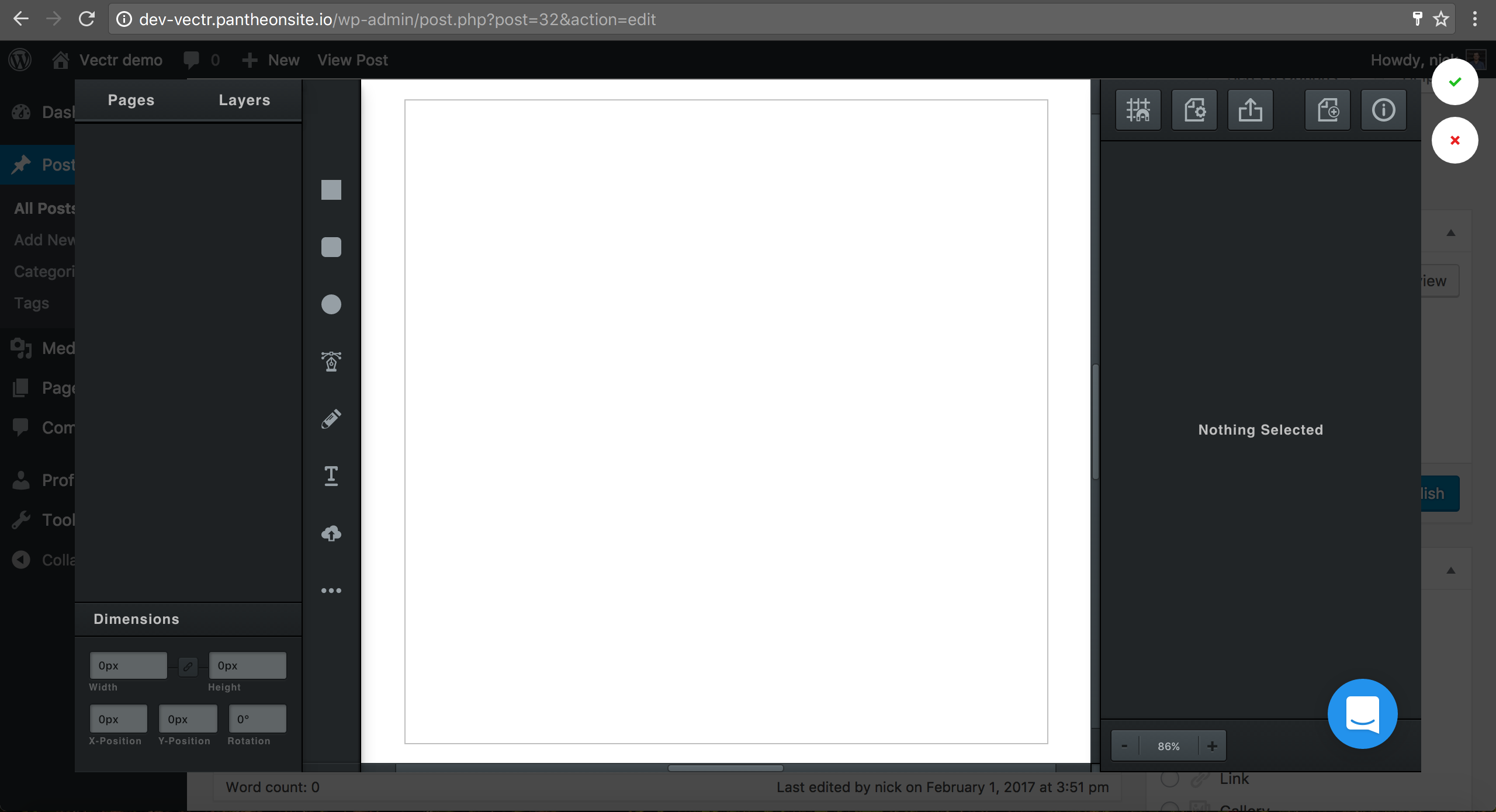 Press a button and Vectr's embedded graphics editor opens inside of your WordPress screen.
