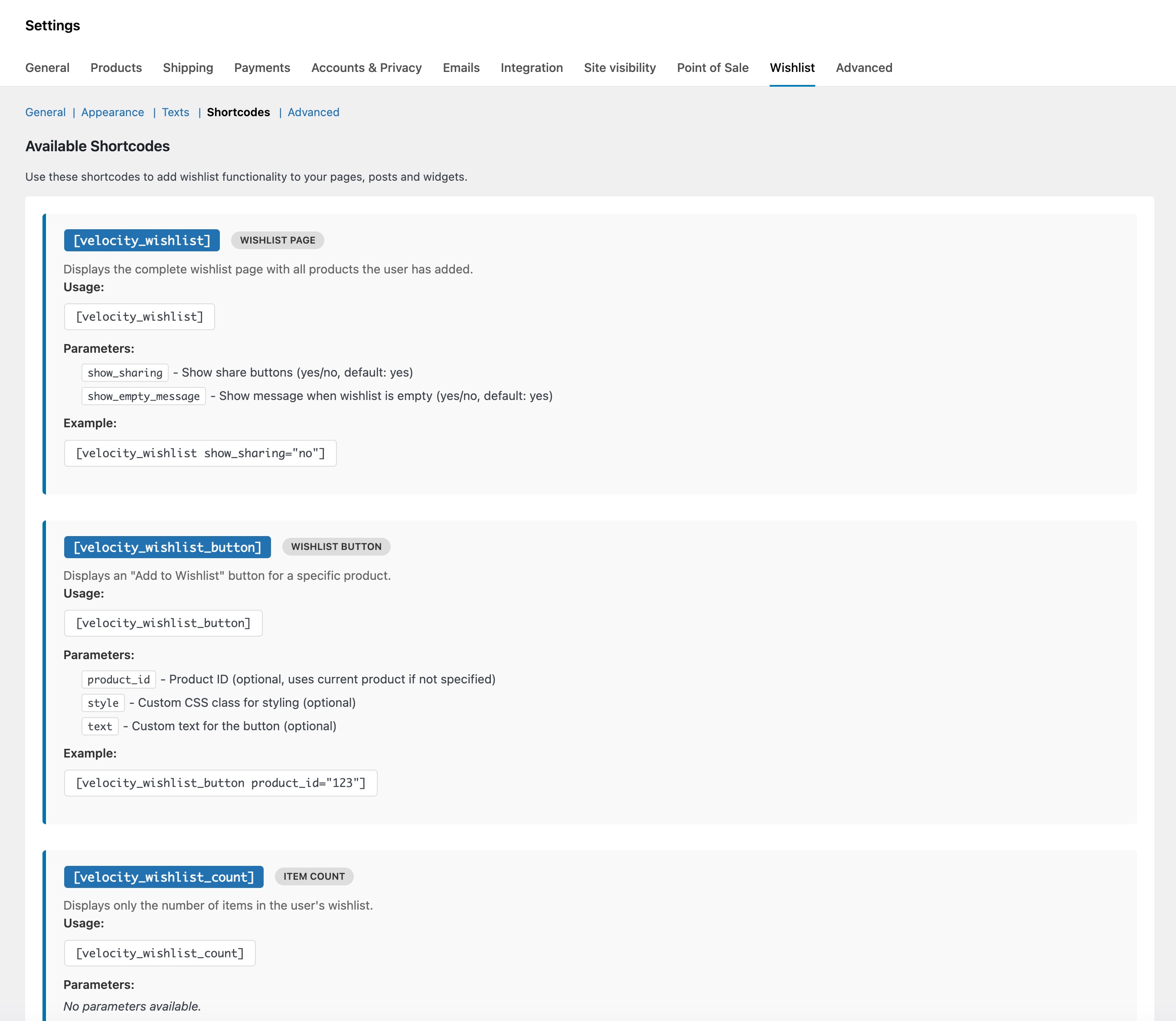 Shortcodes Documentation - Built-in reference for all available shortcodes with parameters and examples