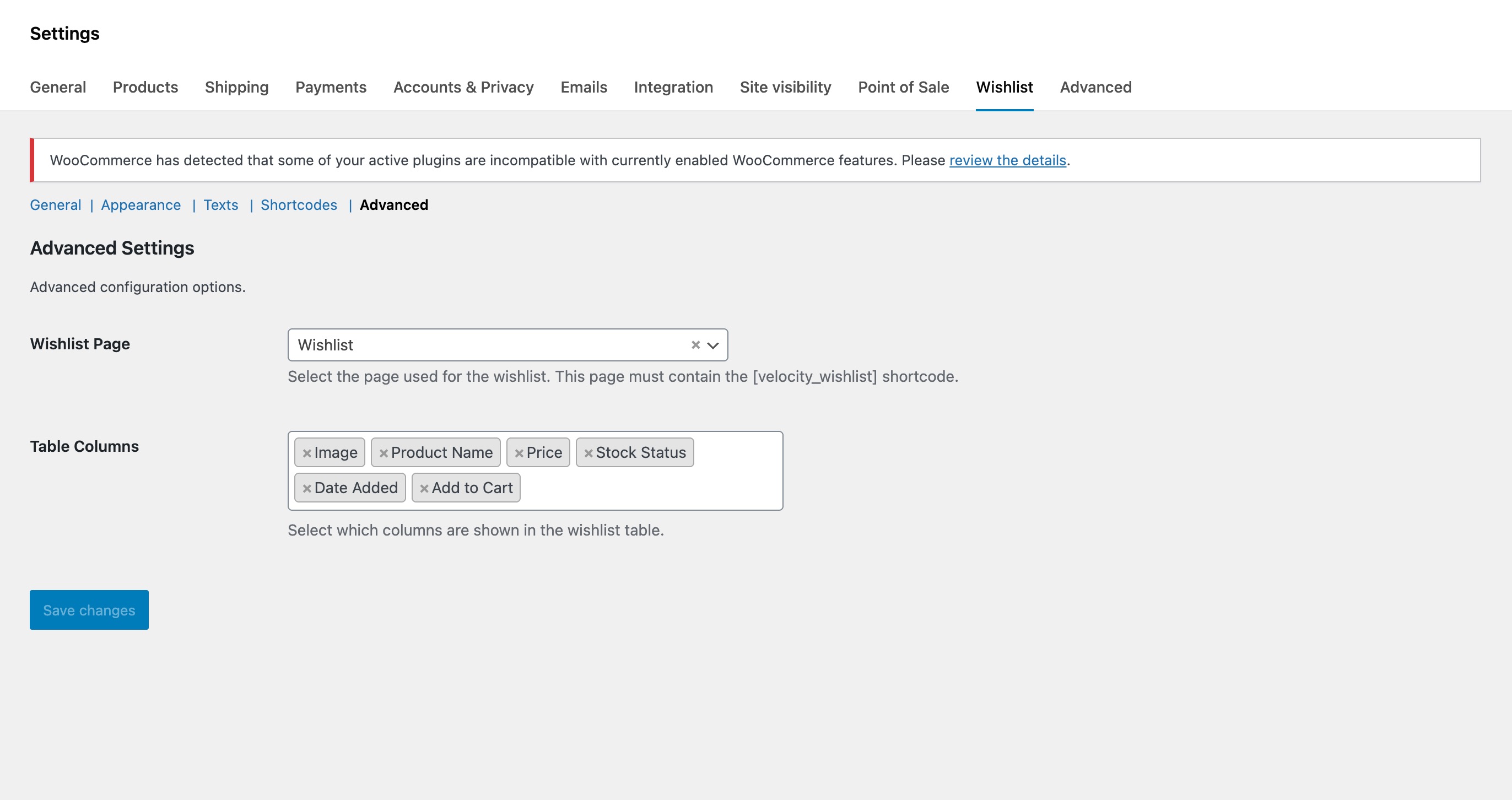 Advanced Settings - Configure wishlist page and table columns visibility