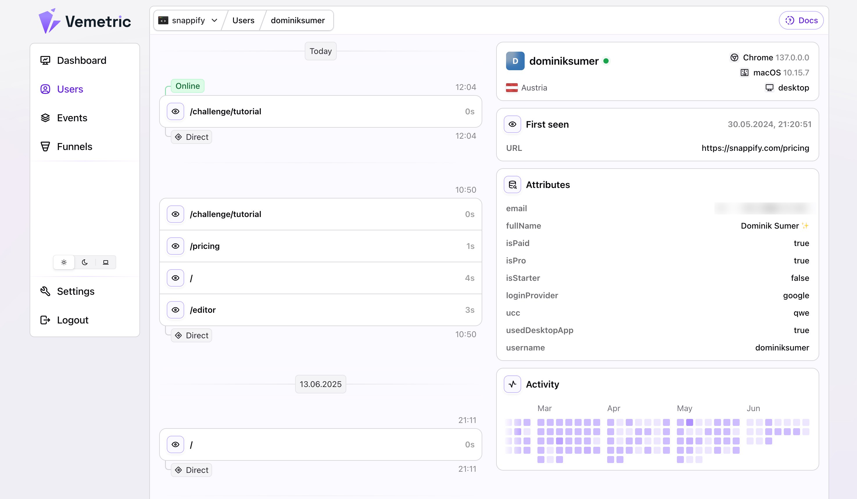 Vemetric User Journey Page