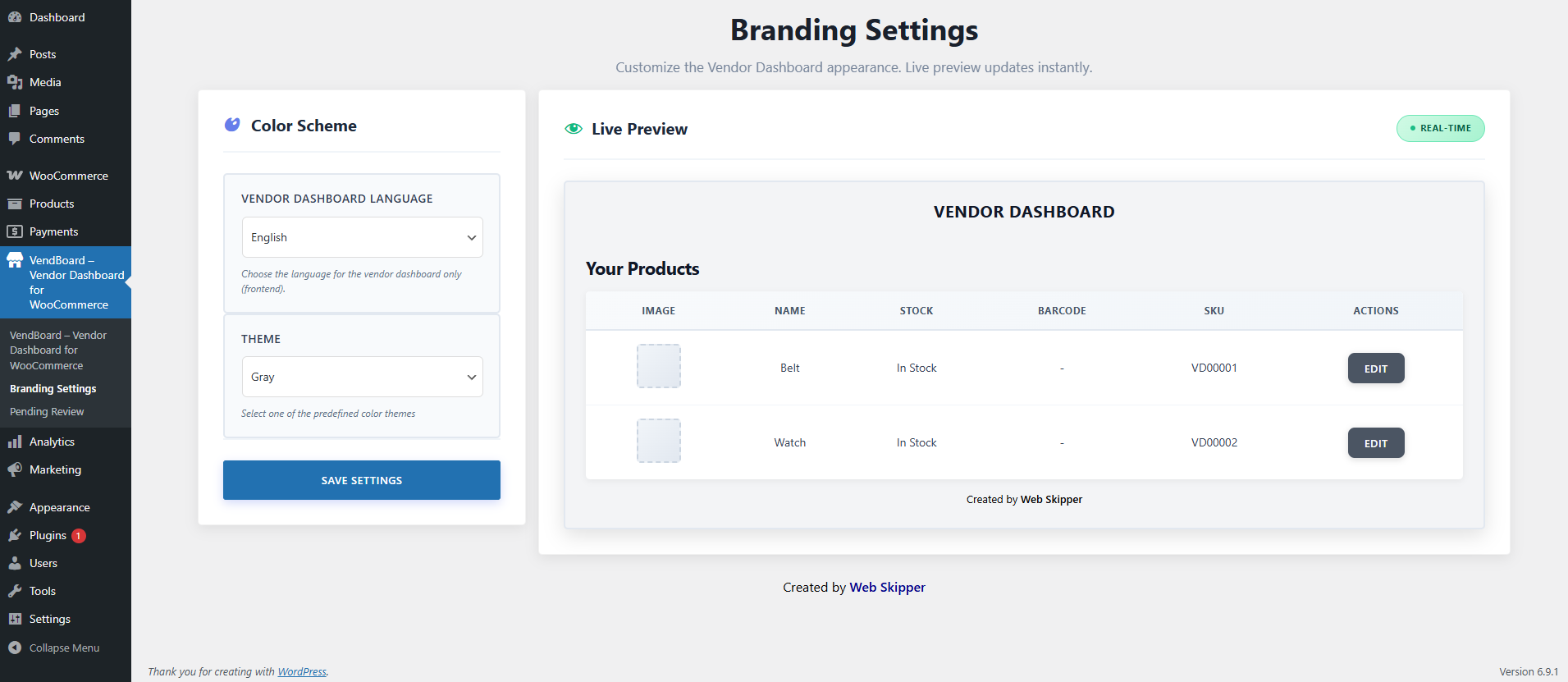 Vendor product edit screen