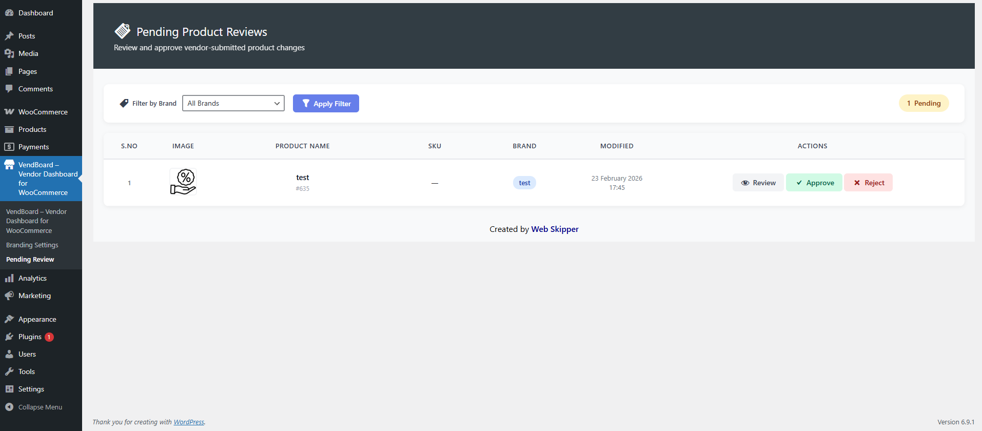 Admin approval screen