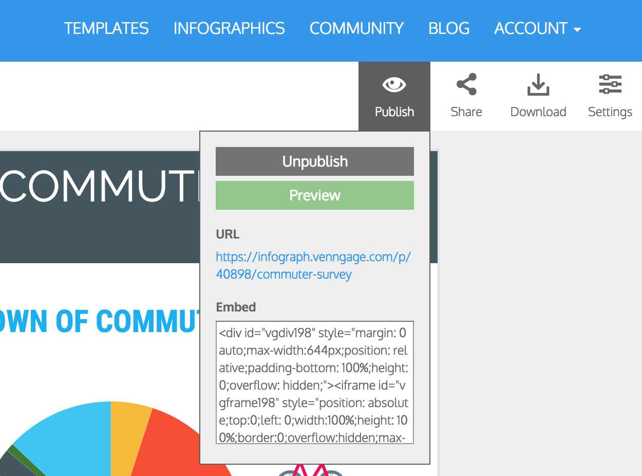 You can find the URL in Publish -> URL. Don't forget to Publish your infographic first.