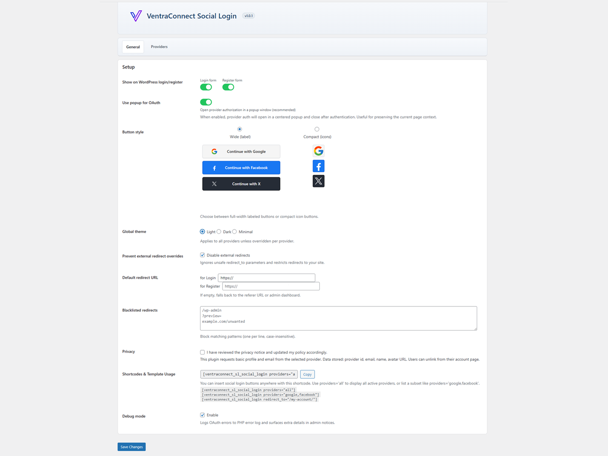 General plugin settings: login, registration and redirect options.