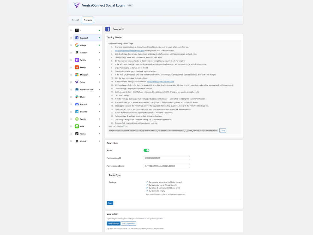 Providers settings screen to enable and configure social providers.