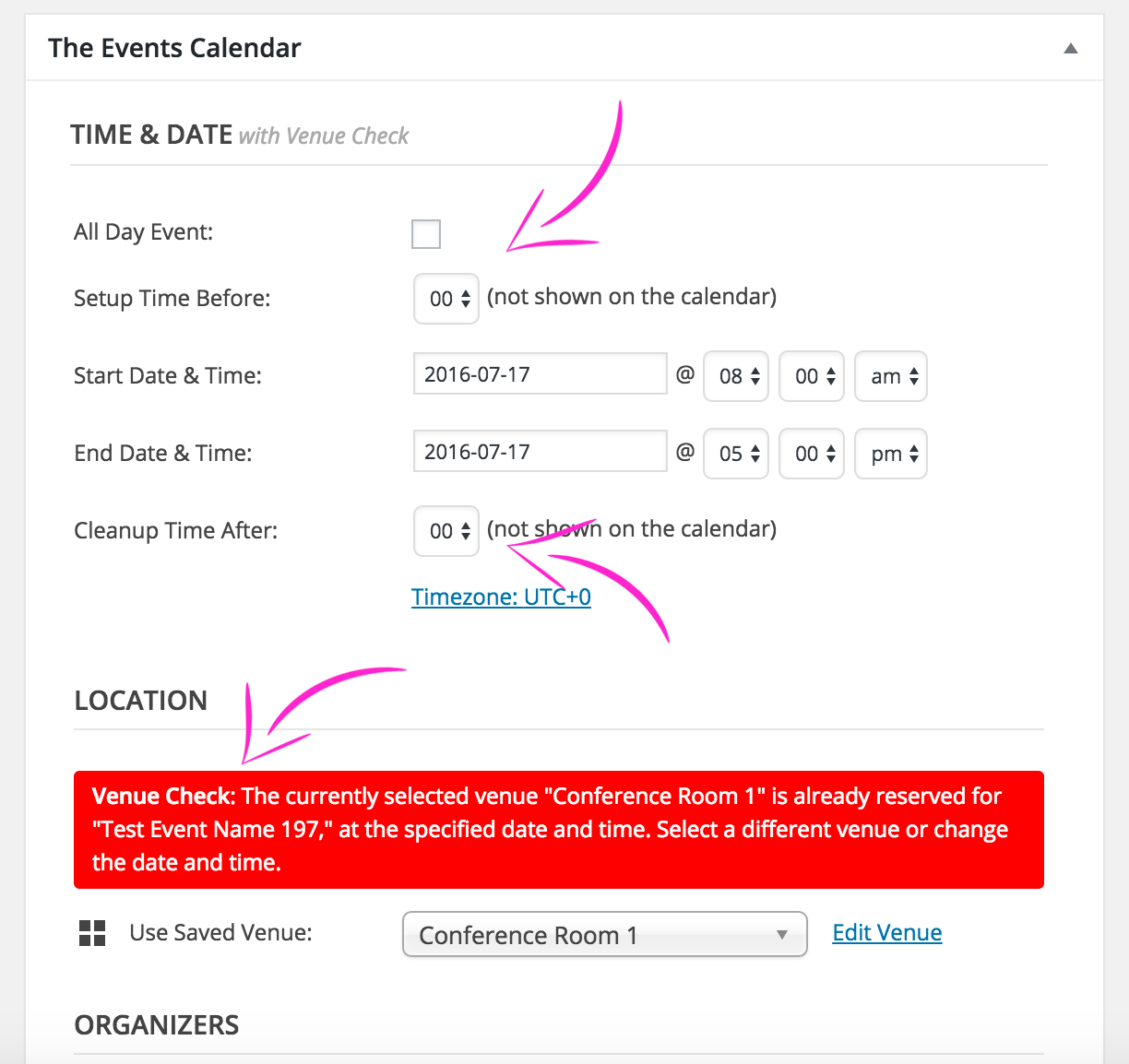This is a screenshot that shows the Date & Time section with the Venue Check indicator and the Setup and Cleanup times. It also shows an existing conflict for the Venue dropdown menu.