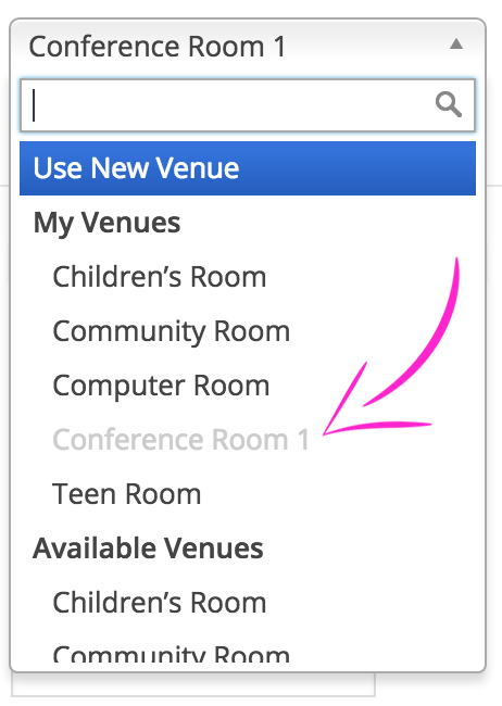 This is a screenshot that shows the unavailability of `Conference Room 1` in the Venue dropdown menu.