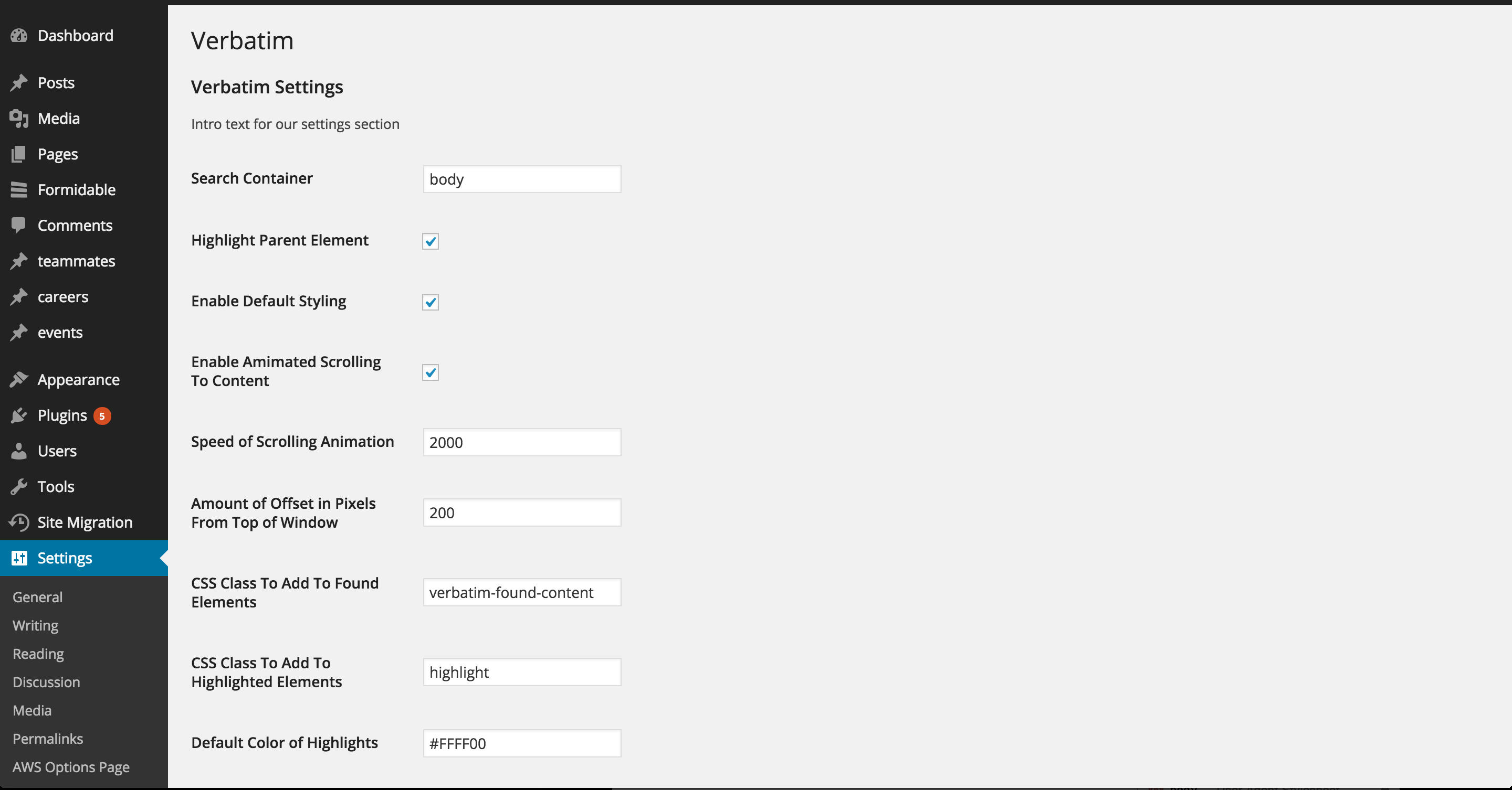 The admin settings menu
