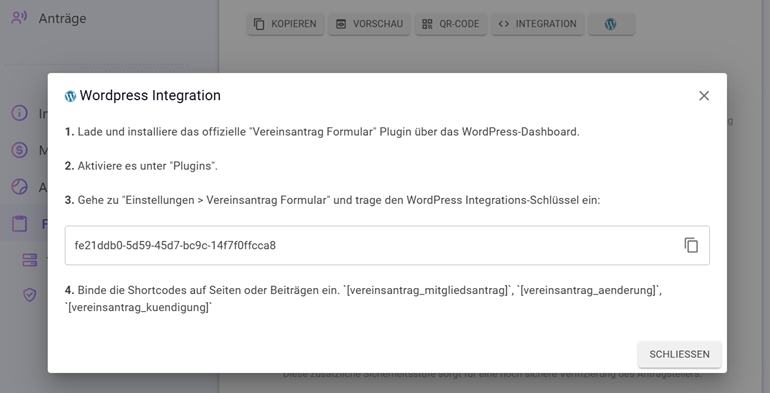 Plugin-Einstellungen mit Integrations-Schlüssel