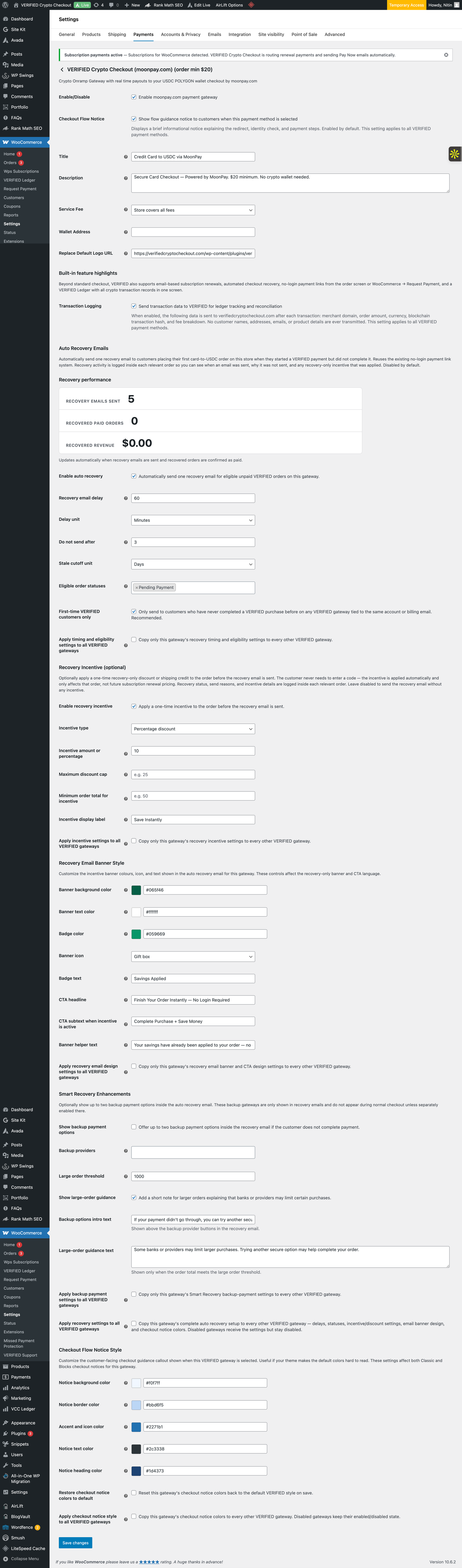 Single gateway configuration — includes Service Fee, Auto Recovery Emails, Recovery Incentive, Smart Recovery Enhancements, Recovery Email Banner Styling, and Checkout Flow Notice Style controls.
