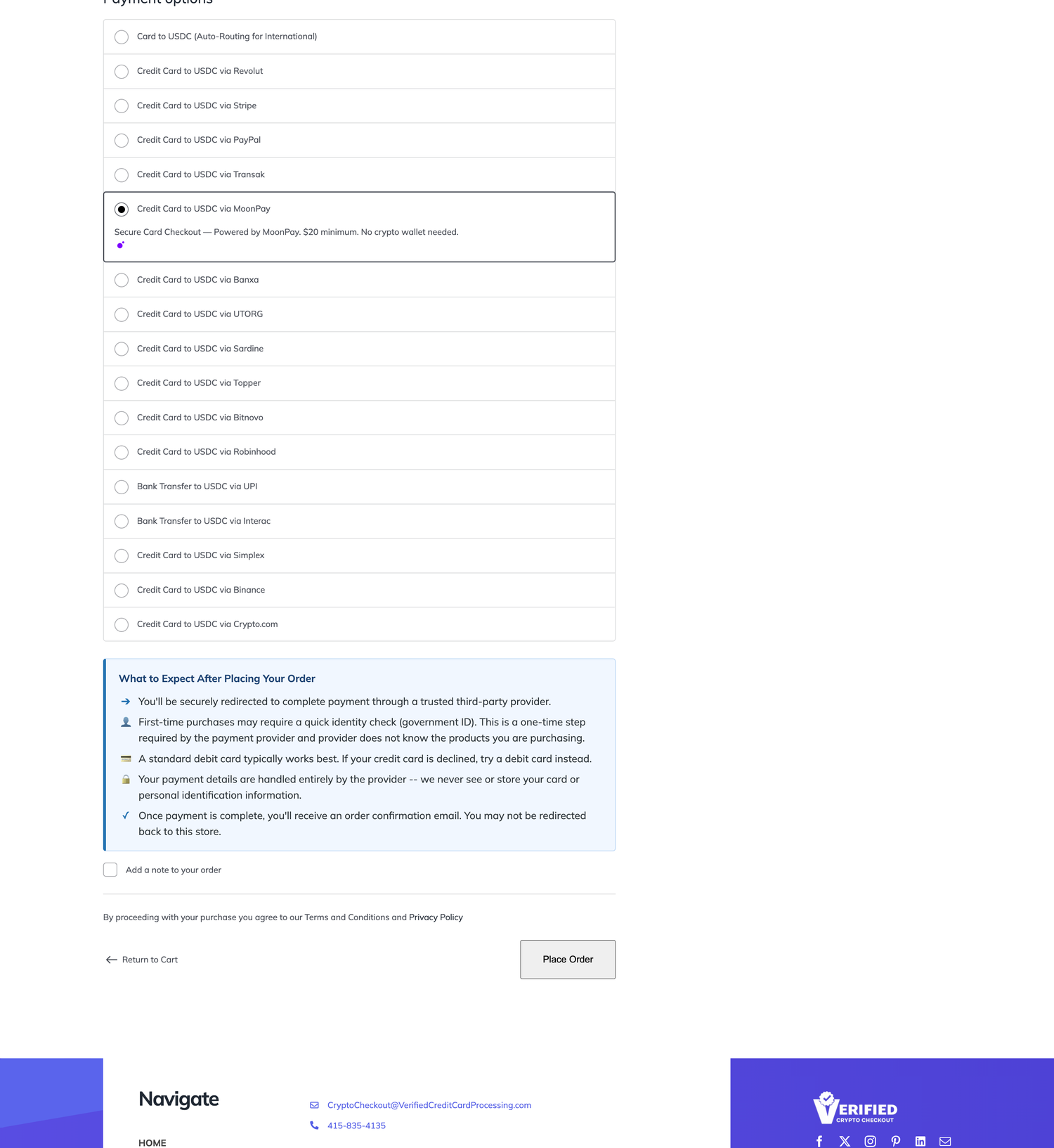 Customer checkout page showing VERIFIED Crypto Checkout payment options list with flow-notice guidance and PayPal US-only clarification.