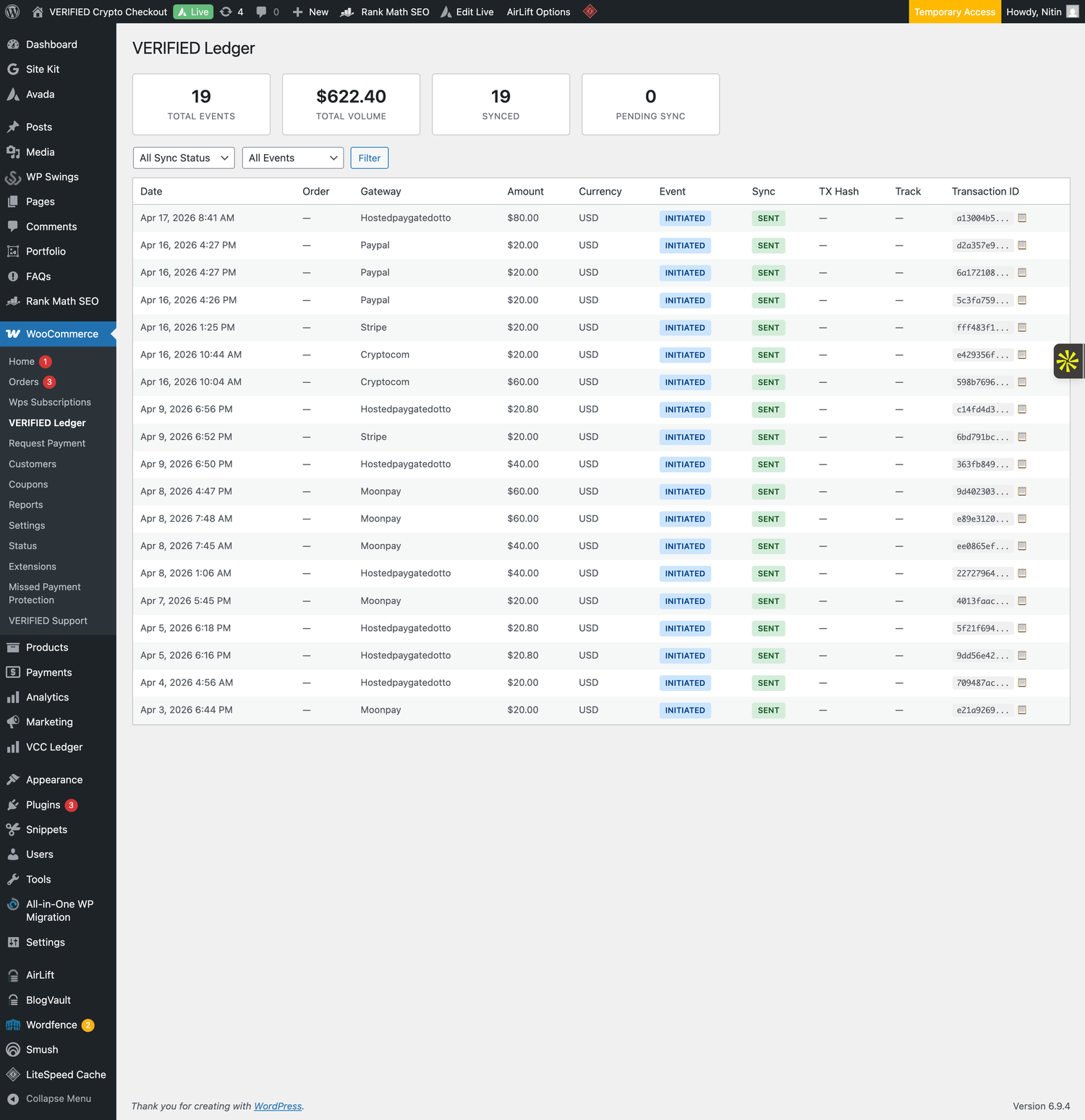 VERIFIED Ledger local queue page — delivery status, retries, and blockchain transaction hash tracking per order.