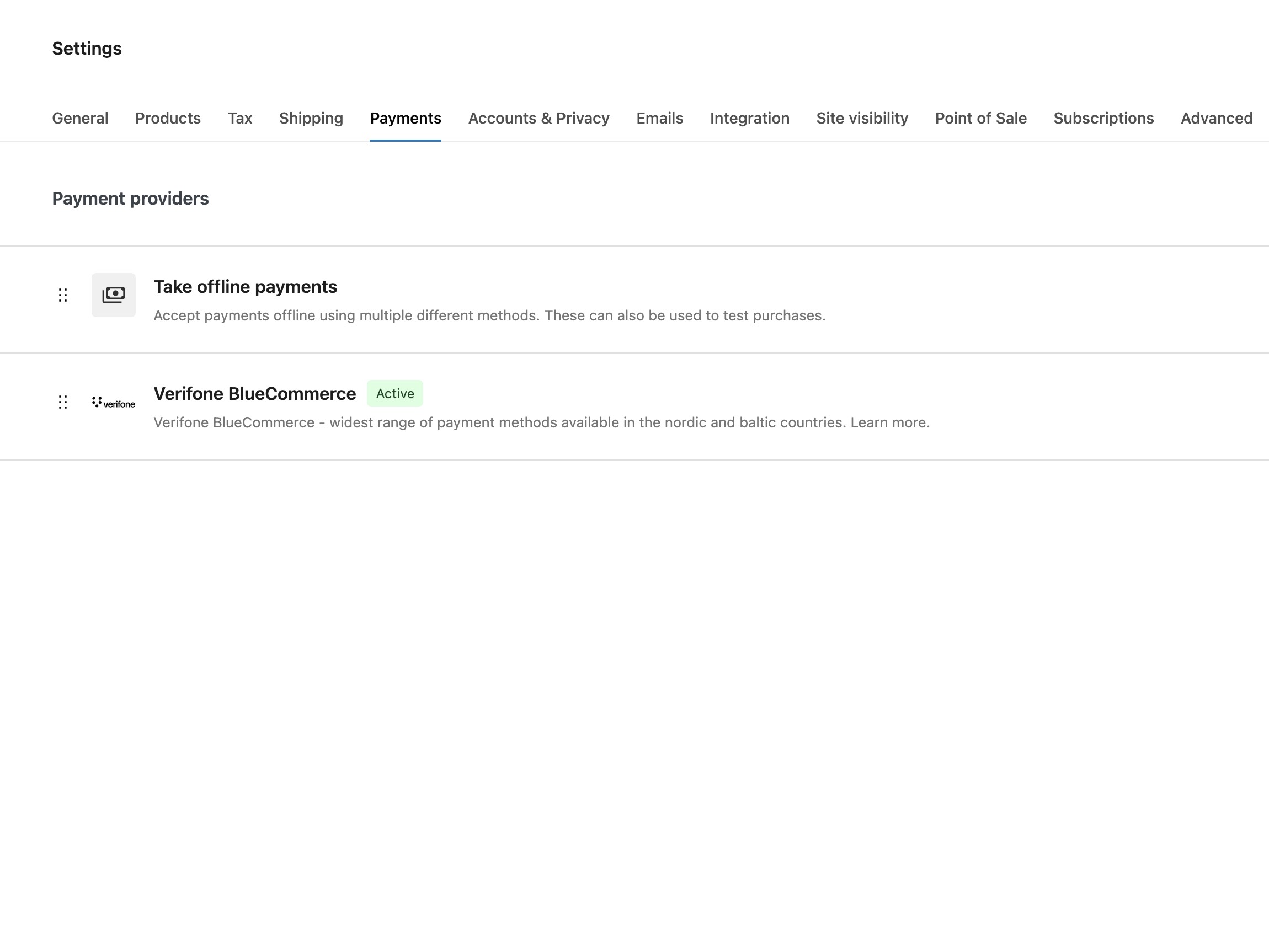 Enable "Verifone BlueCommerce" in the Payments tab in WooCommerce.