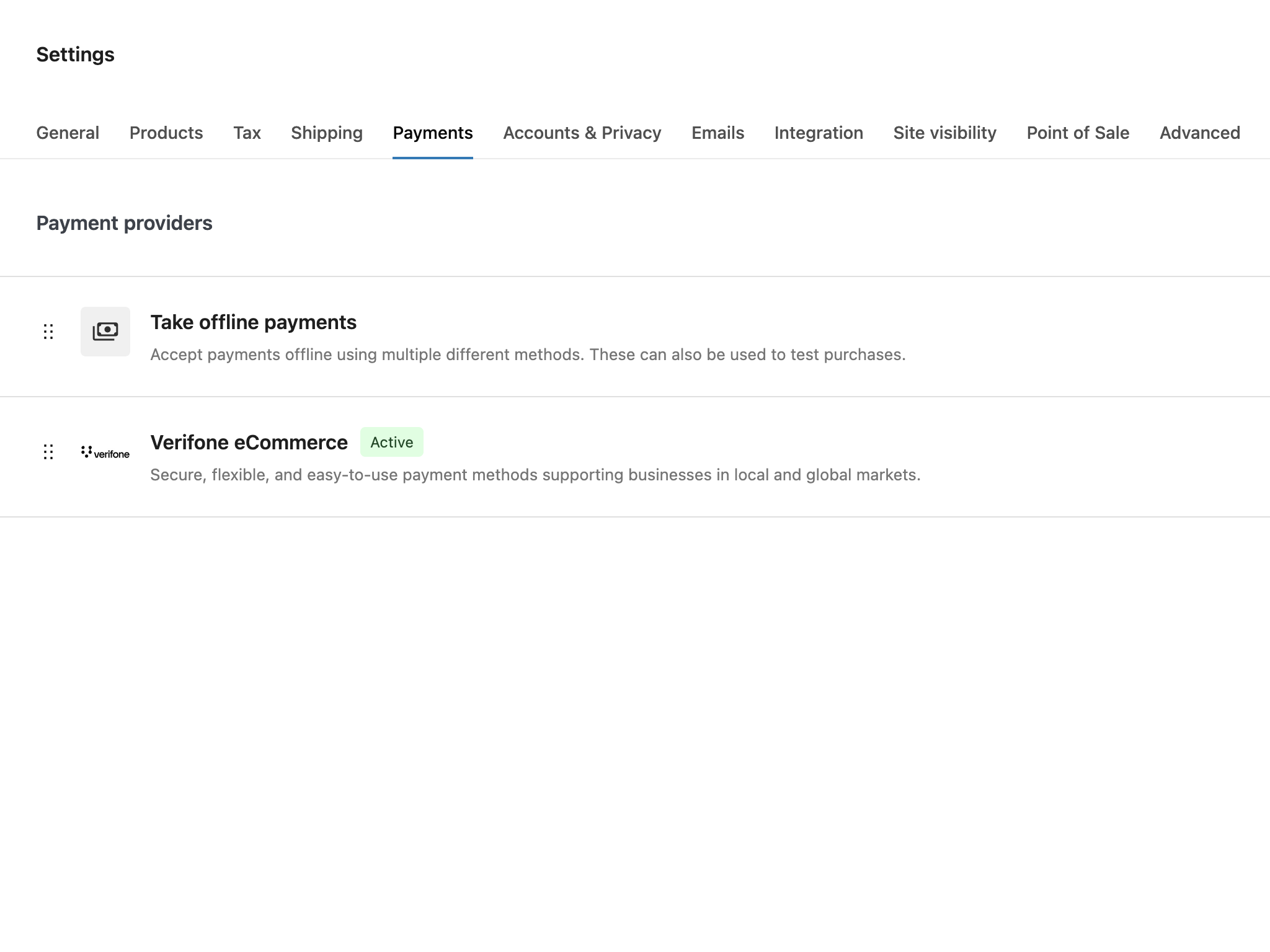 Enable "VVerifone eCommerce" in the Payments tab in WooCommerce.