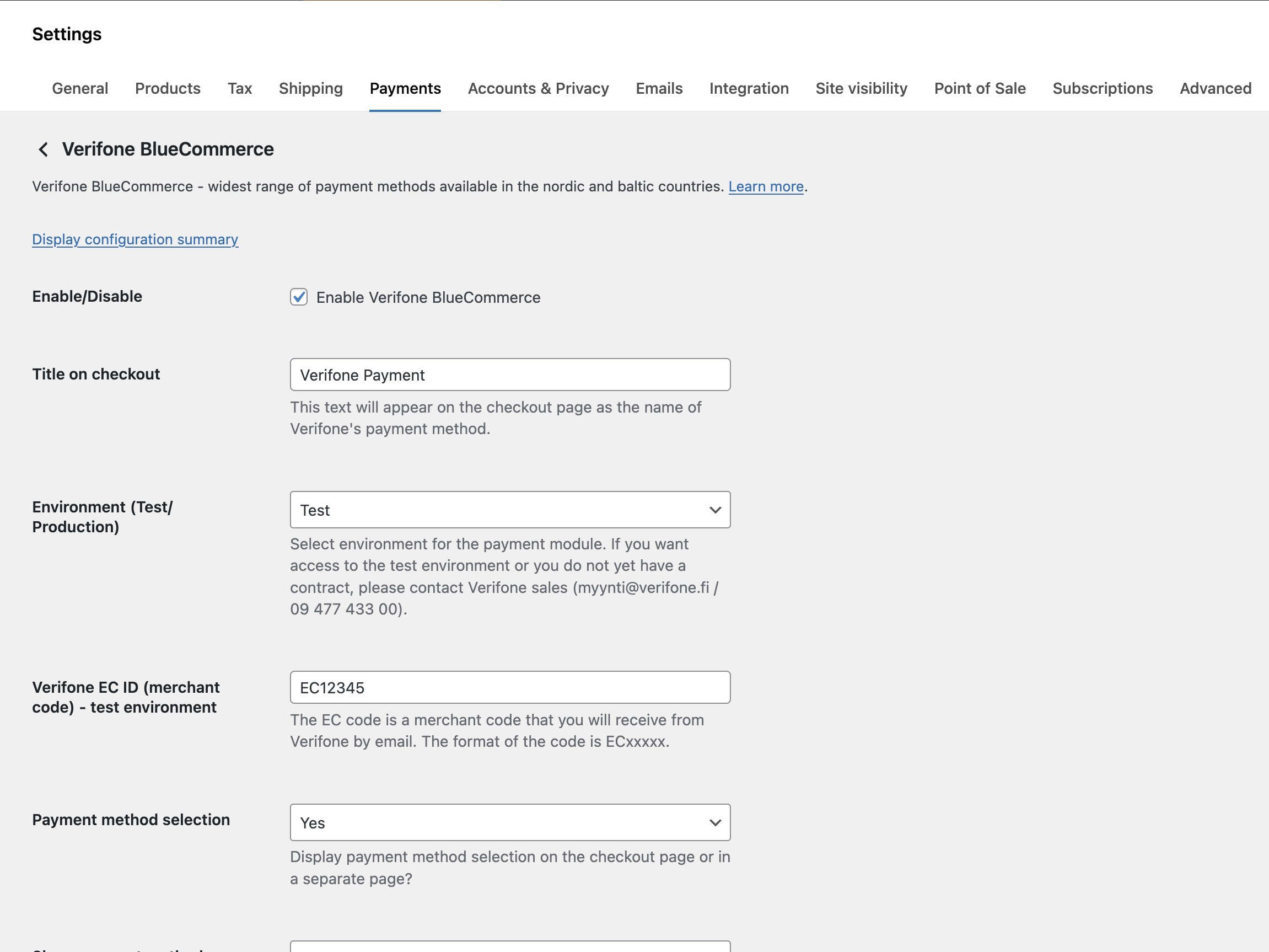 Settings screen.