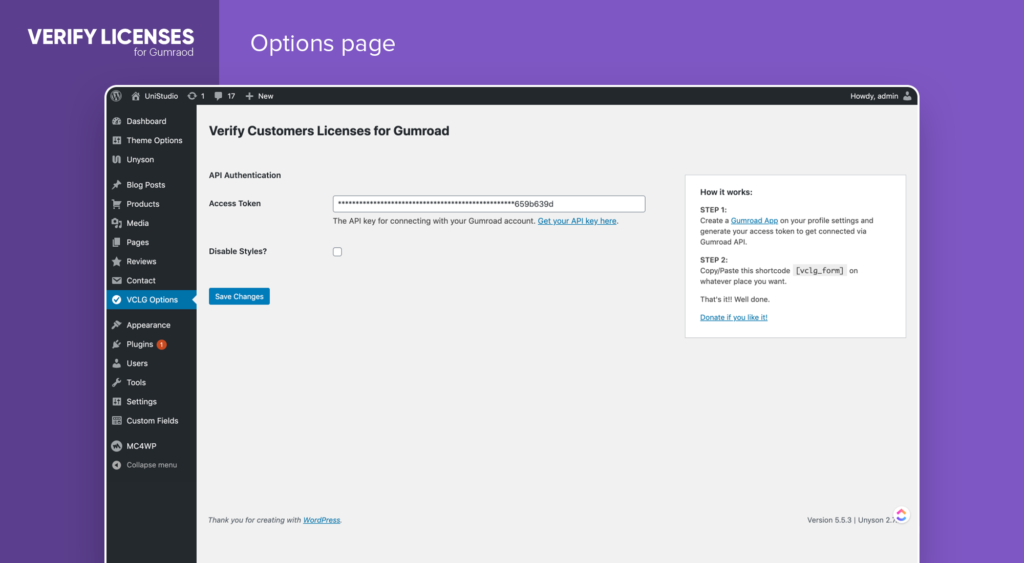 Options page