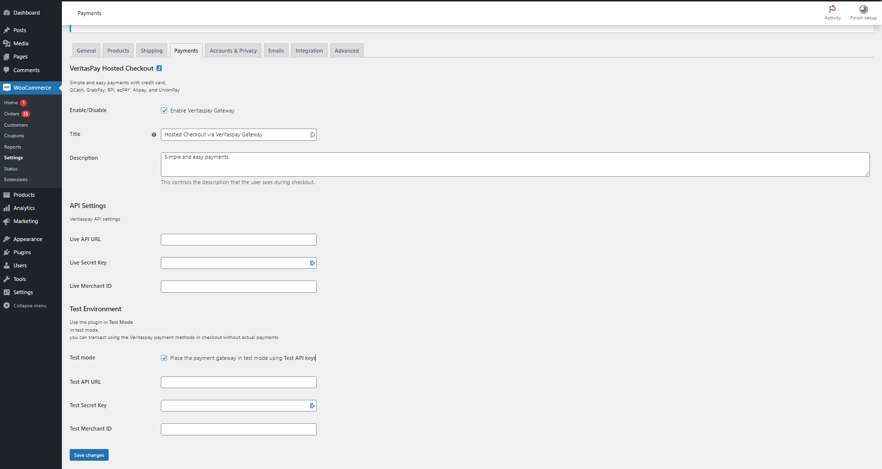 Settings panel to configure VeritasPay Hosted Checkout.