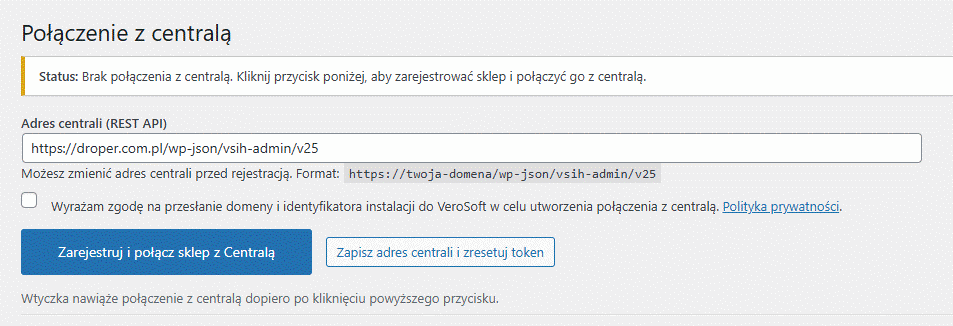 [APP-01 / screenshot-1] Connection screen used to connect the store with the VeroSoft service workflow and begin the cooperation process. / Ekran połączenia służący do połączenia sklepu z procesem obsługi VeroSoft i rozpoczęcia współpracy.