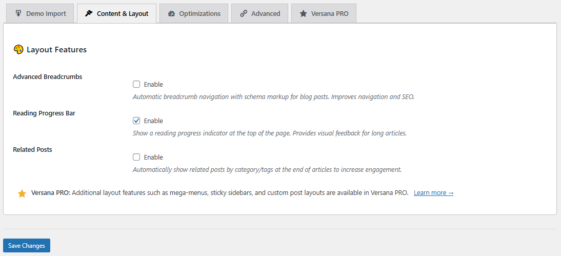 **Site Enhancements:** Easy toggles for breadcrumbs, reading progress, and related posts.