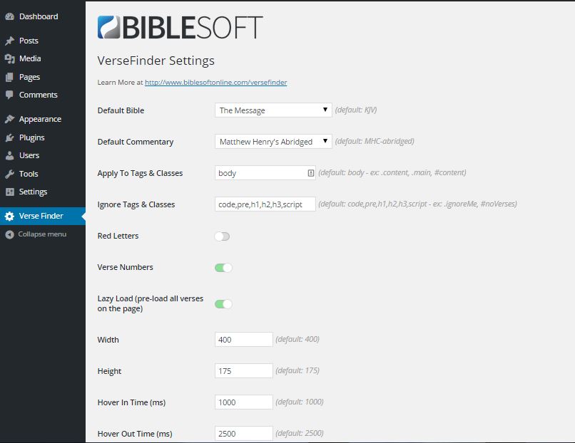 Choose default Bible, Commentary, and other options