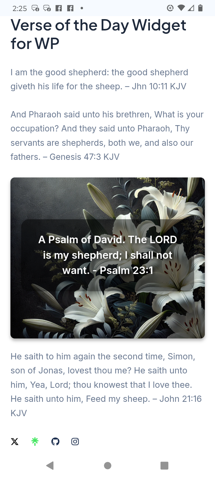 Mobile view of the widget embedded in an HTML page using the shortcode for the Verse of the Day.