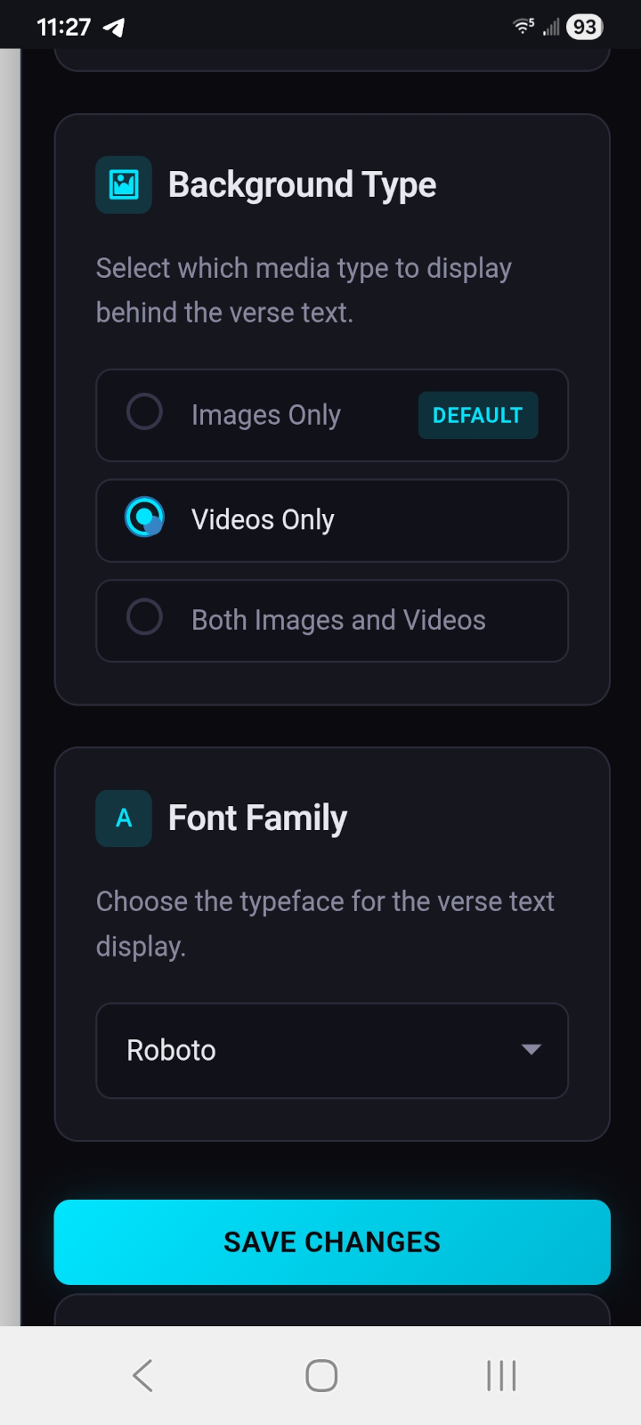 Settings page in the WordPress admin panel showing "Background Type & Font Family".
