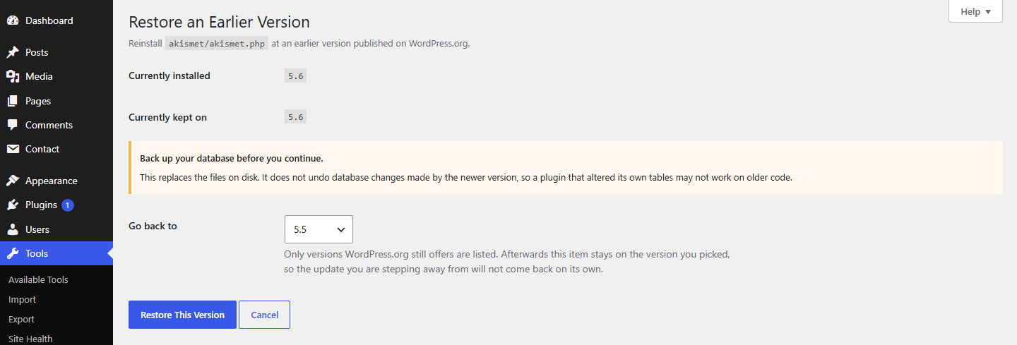 Rolling a plugin back to an earlier version published on WordPress.org