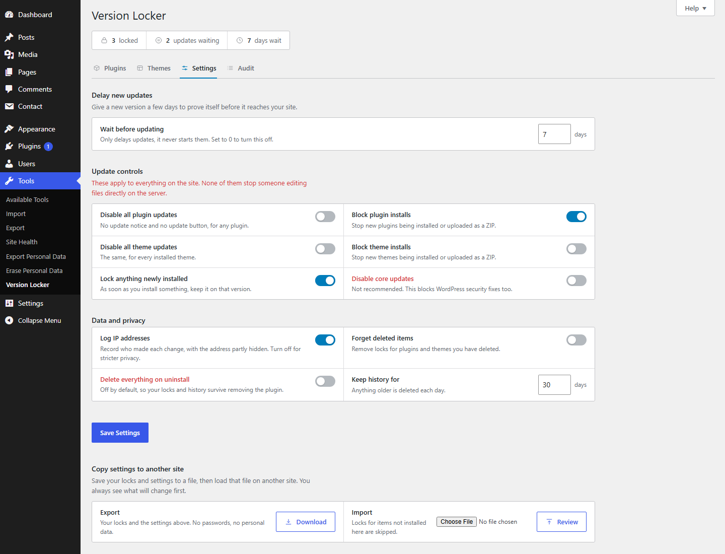 The Settings tab, with the waiting period and the site-wide update switches