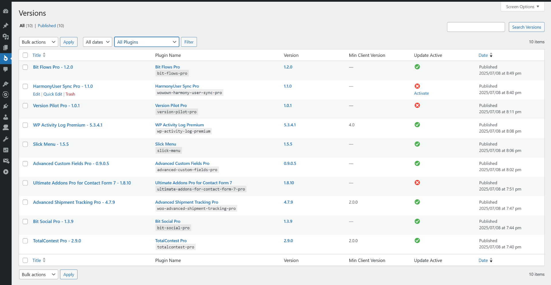 **"All Versions" Management Interface**: A complete history of all releases, with filtering and quick status toggles.