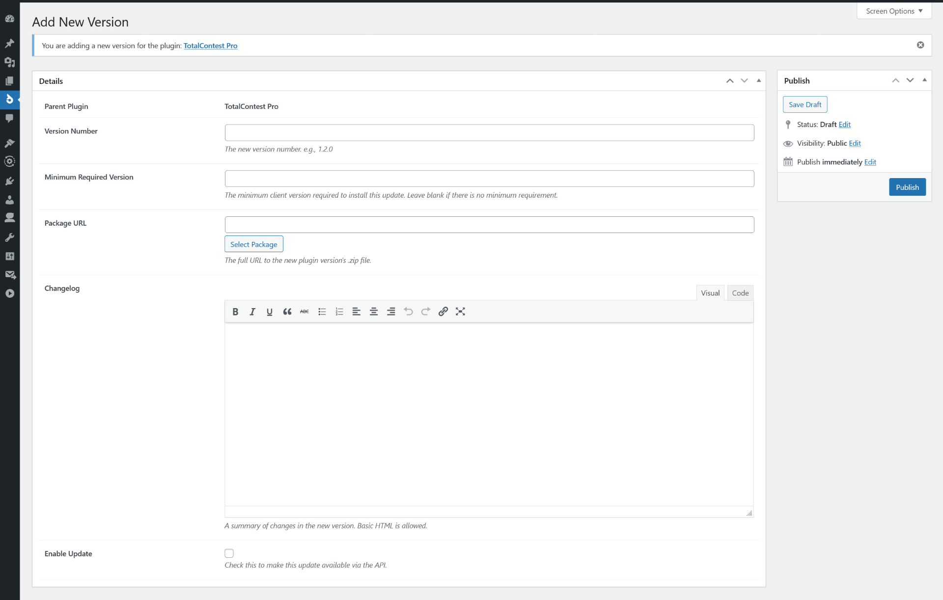 **"Add New Version" Screen**: The streamlined process for releasing a new update for an existing plugin.