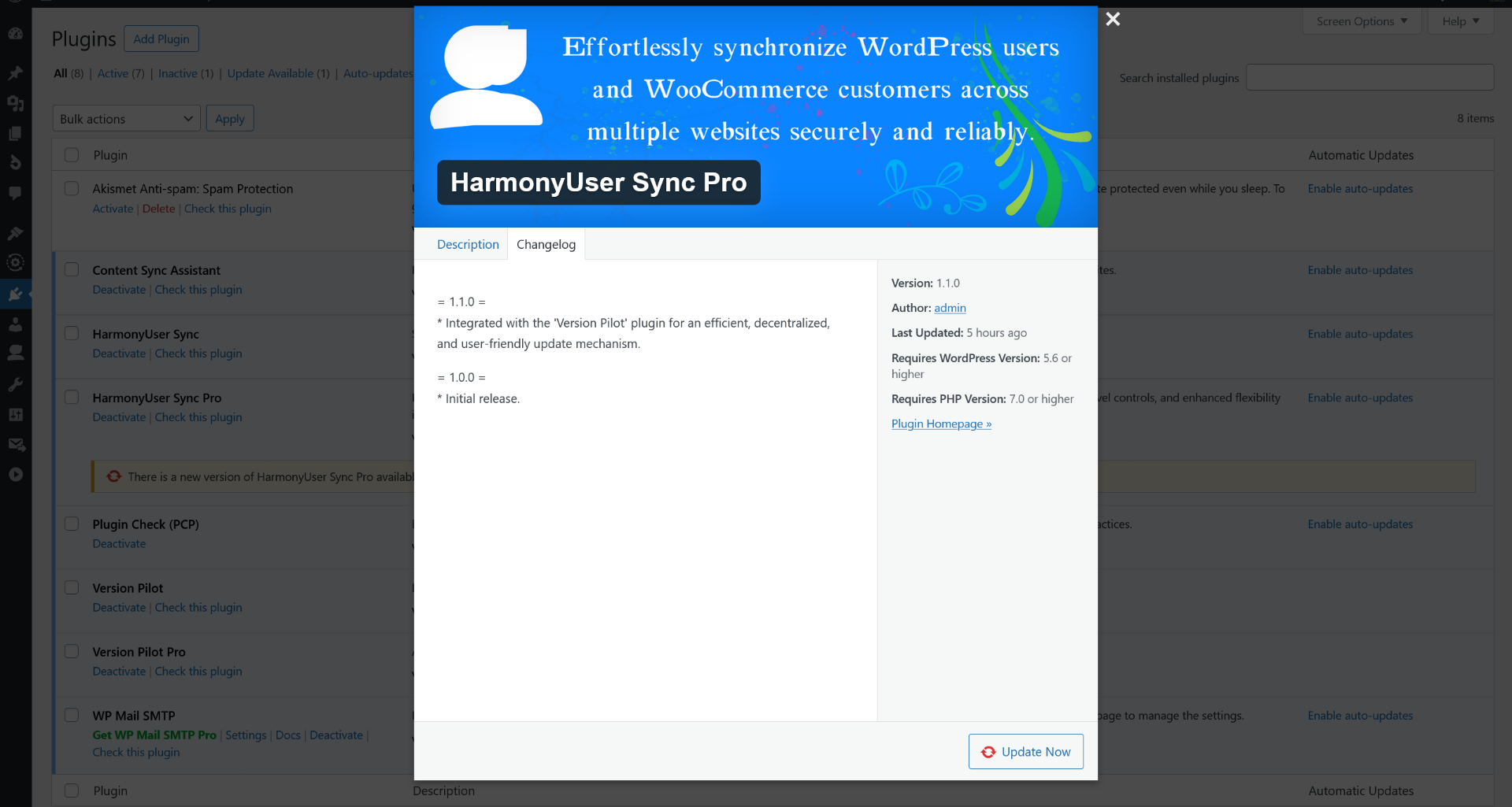 **"View Details" Modal**: The update details pop-up, populated with information served by the Version Pilot API.