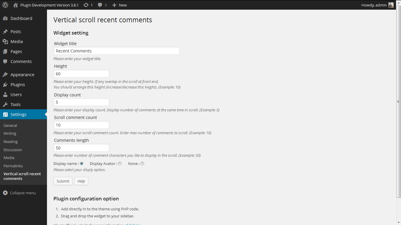 Admin Screen. http://www.gopiplus.com/work/2010/07/18/vertical-scroll-recent-comments/