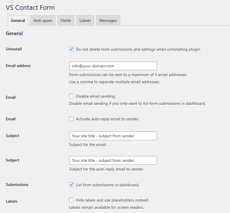 Settings page (dashboard)