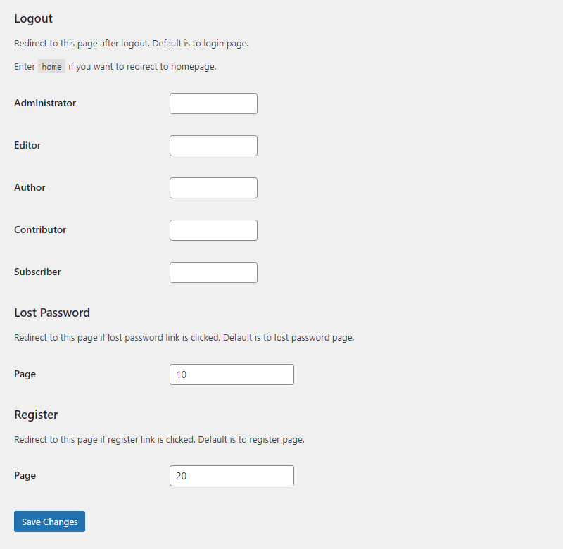 Settings page (dashboard)