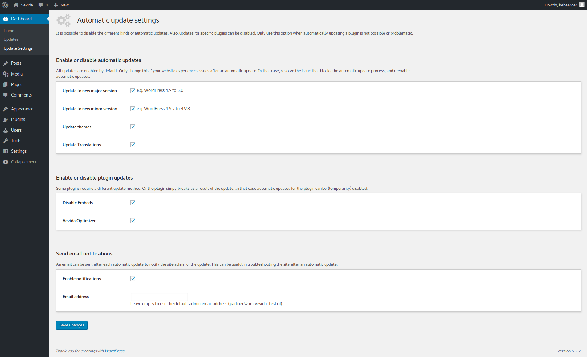 The submenu under 'Dashboard' that allows the configuration of automatic updates.
