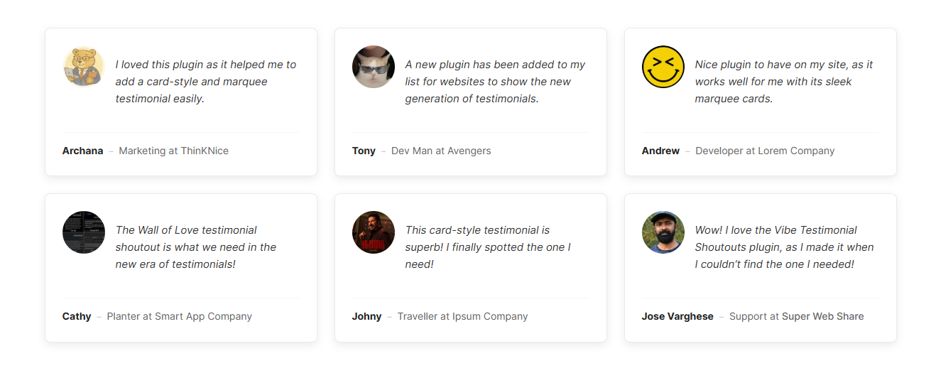 Card style testimonial on the frontend