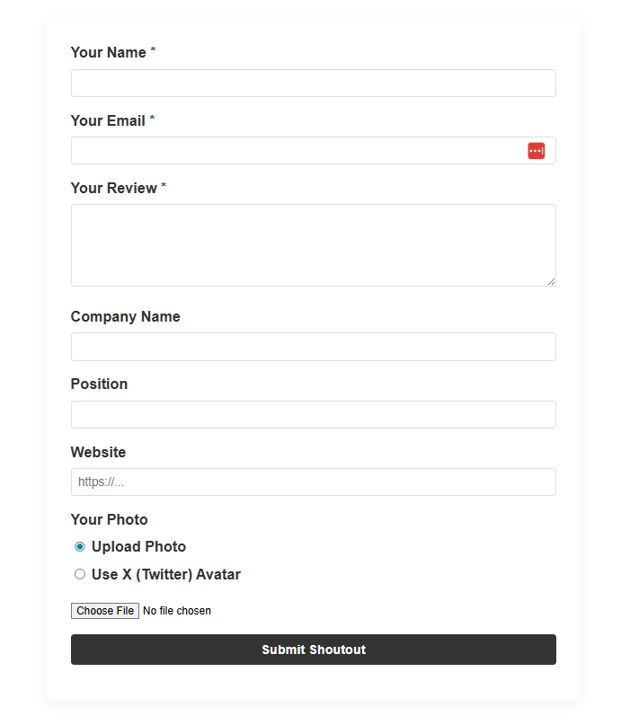 Testimonial Shoutout form to collect the testimonial from users (frontend)
