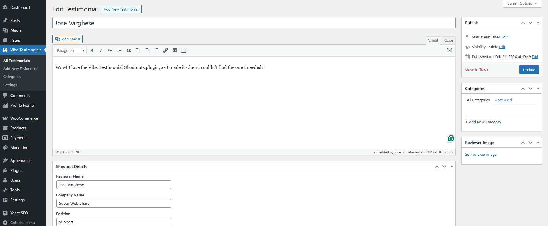 Settings page of the Testimonial review page