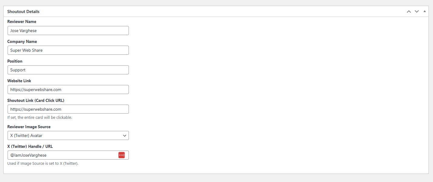 Metabox to enter the details of the Reviews name, Company, Position, link for the testimonial, website and image