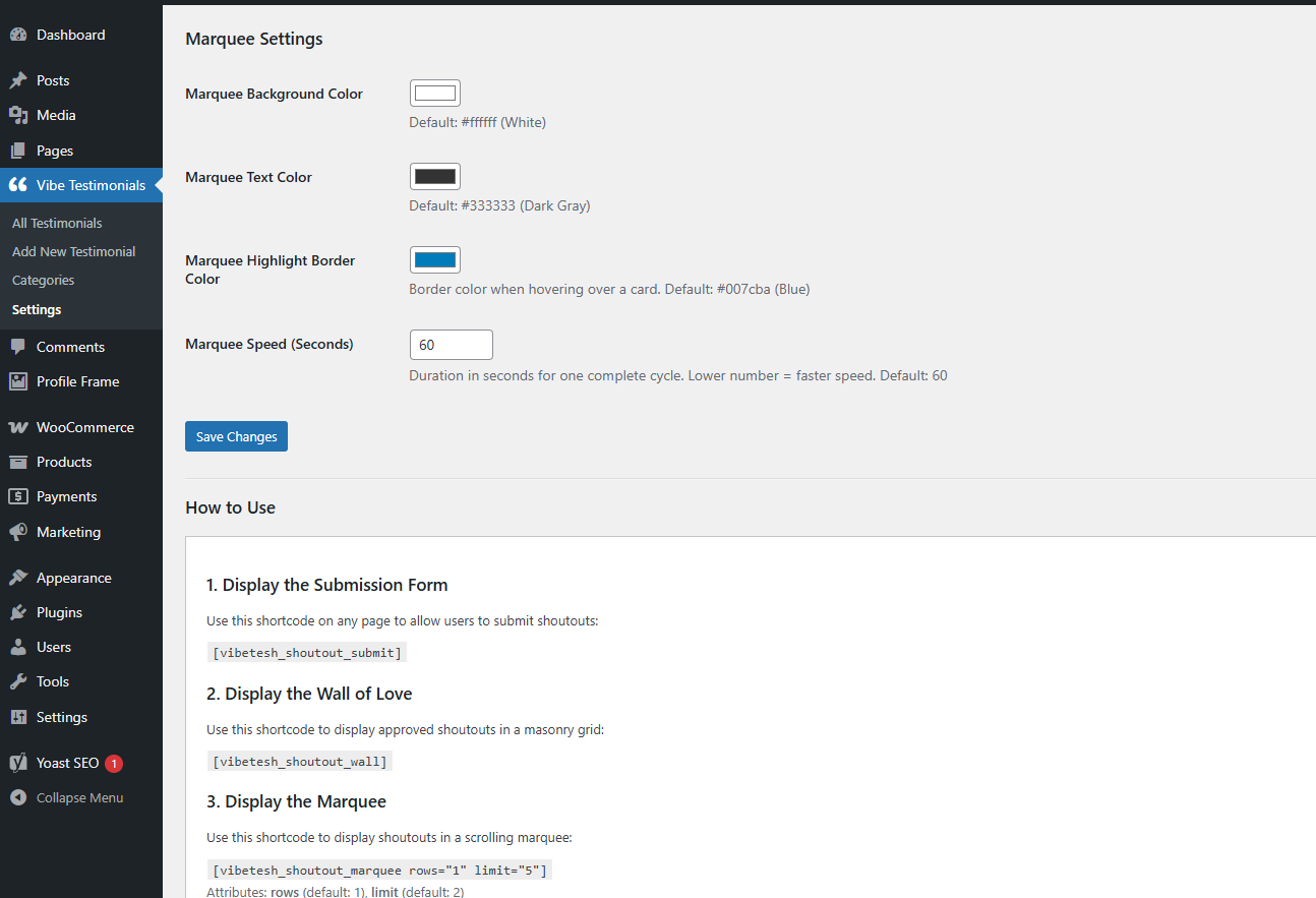 Settings page with mentioning the shortcodes and options to change the color.