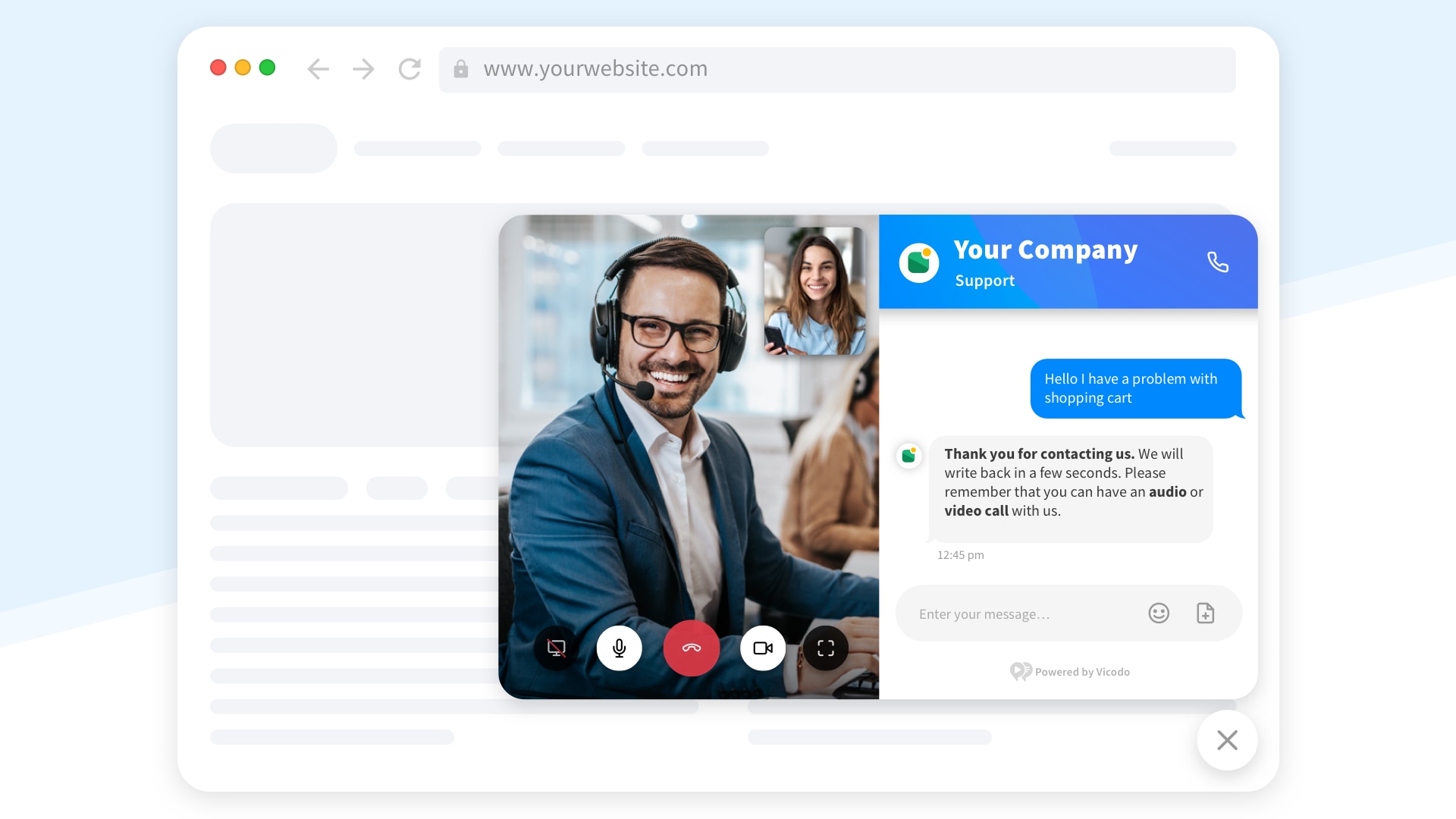 Run video calls directly in the chat window on your website.