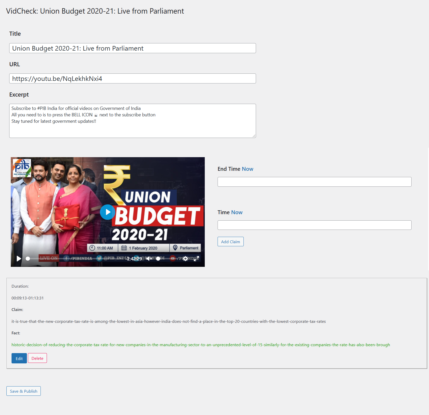 View of Vidcheck after creation