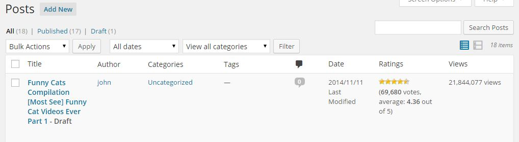Post view of 'funny cat videos' result with Ratings and Views.