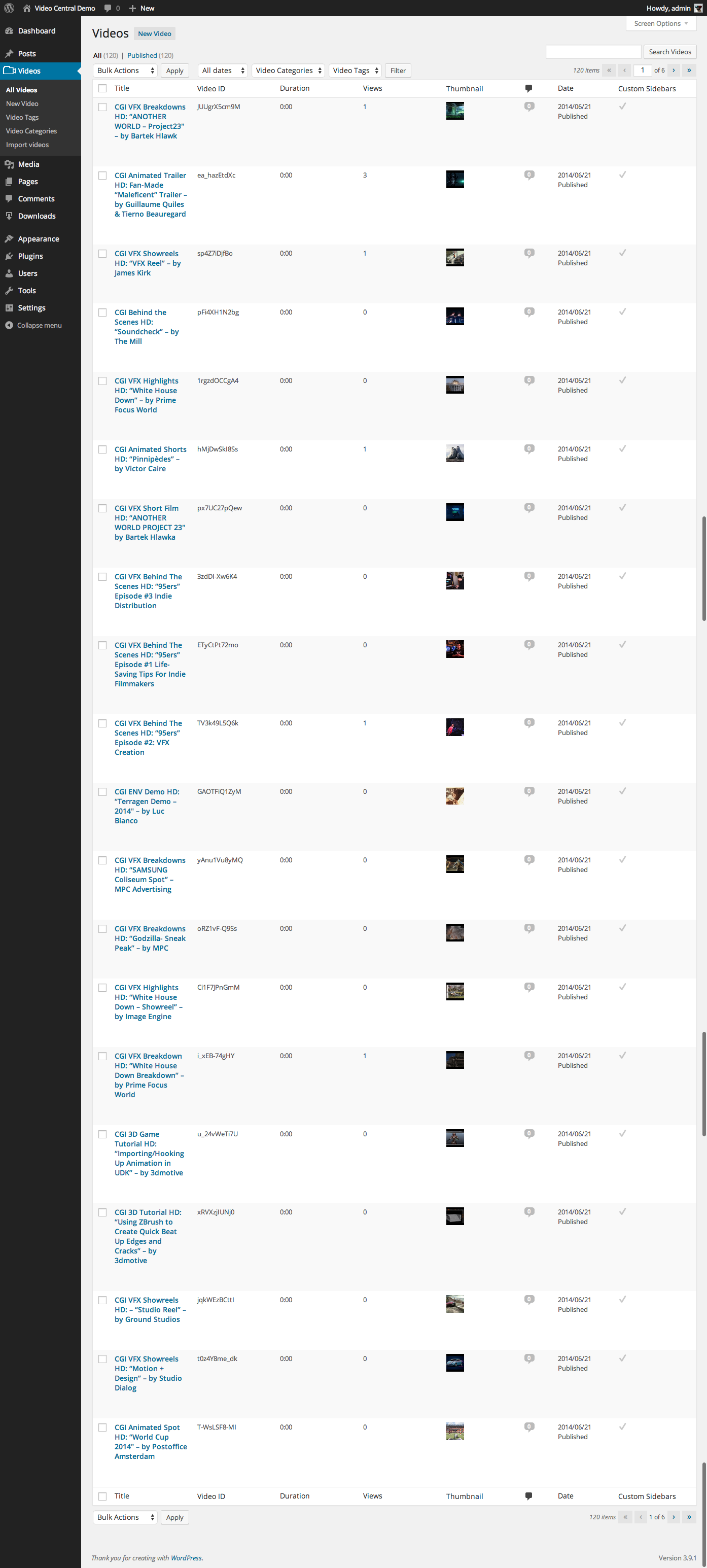 Admin - video listing page