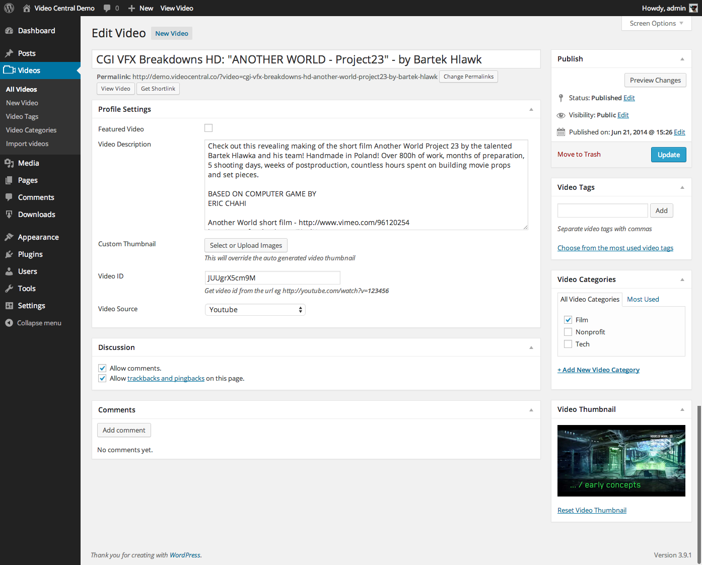 Admin - video edit page